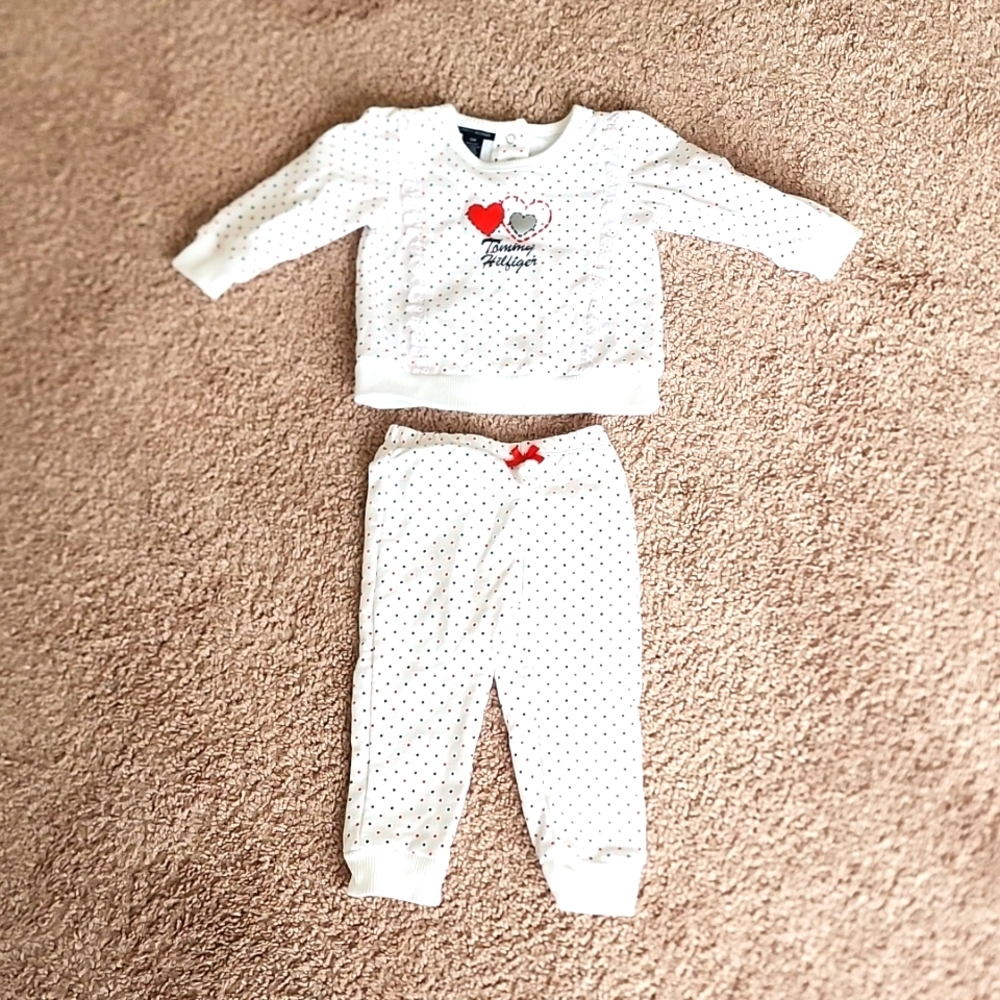 Tommy Hilfiger White Polka Dot Heart Jogger Set with Red Accents